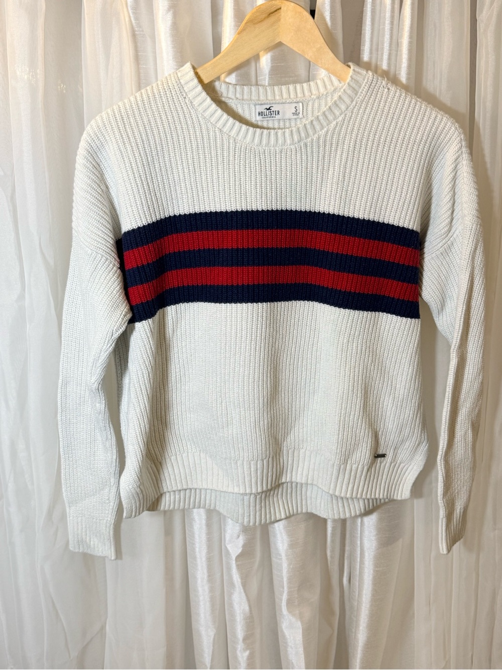 Hollister Cream Crewneck Sweater with Navy and Red Stripes